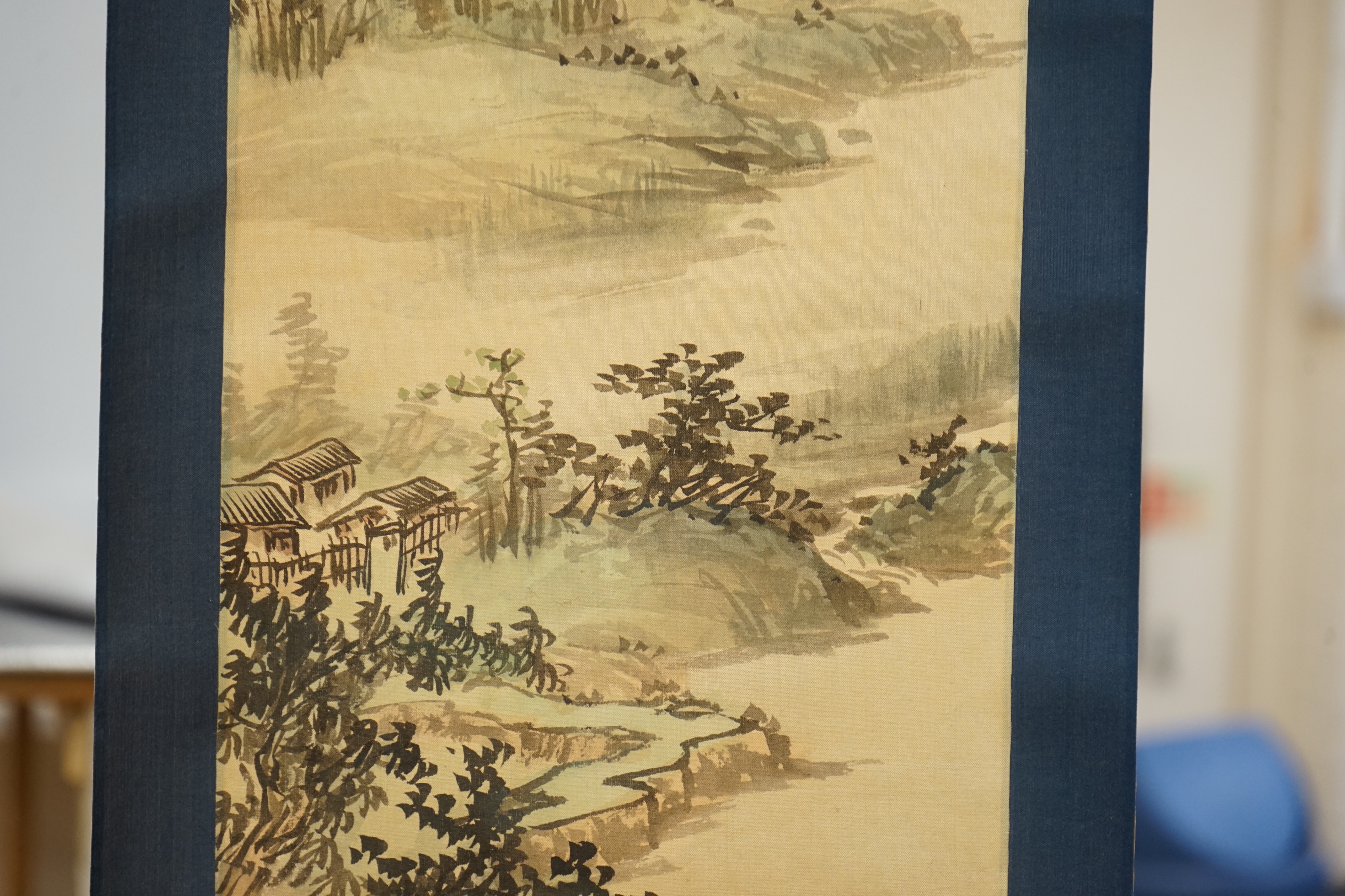 Two Chinese painted scrolls, one on silk, a female wearing a kimono and a landscape